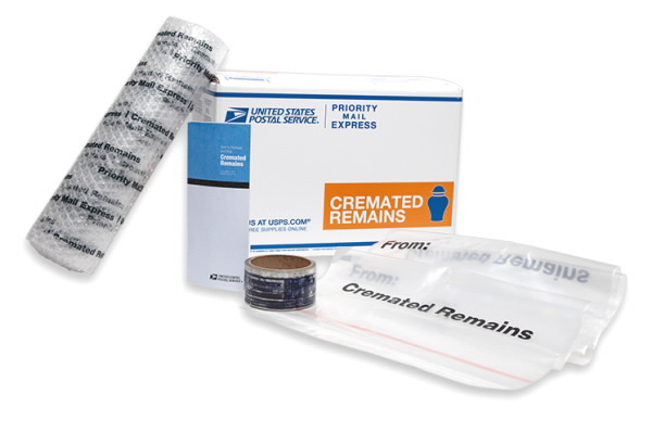 Cremated Remains Kit 2

A sturdy box 14-3/4"(L) x 10-1/4"(W) x 10"(H)
A roll of Priority Mail Express packing tape
Bubble Cushioning
A self-sealing plastic bag