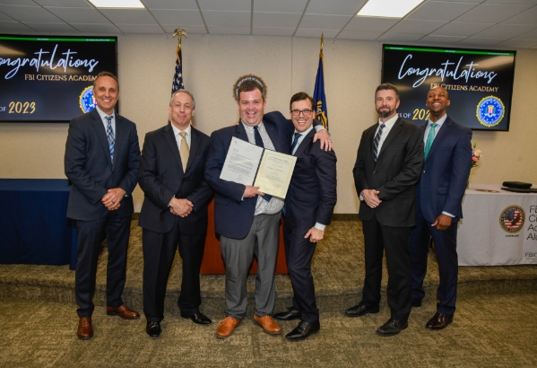 Denny Murphy graduating from the FBI Citizens Academy with (from left to right) ASAC Charlie Johnston, SAC Gregory Nelsen, ASAC Jeff Fortunato, ASAC Todd Krajeck, and ASAC Jeff Tyler