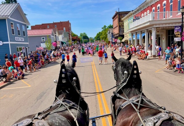 Sean Snyder's view of the parade from the top of the horse-drawn hearse.
