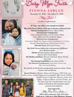 Mya Faith Finona Sablan Sinajana, Guam Obituary