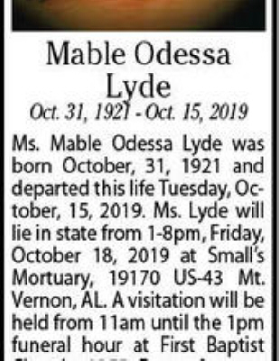 Mable Lyde Mt. Vernon, Alabama Obituary