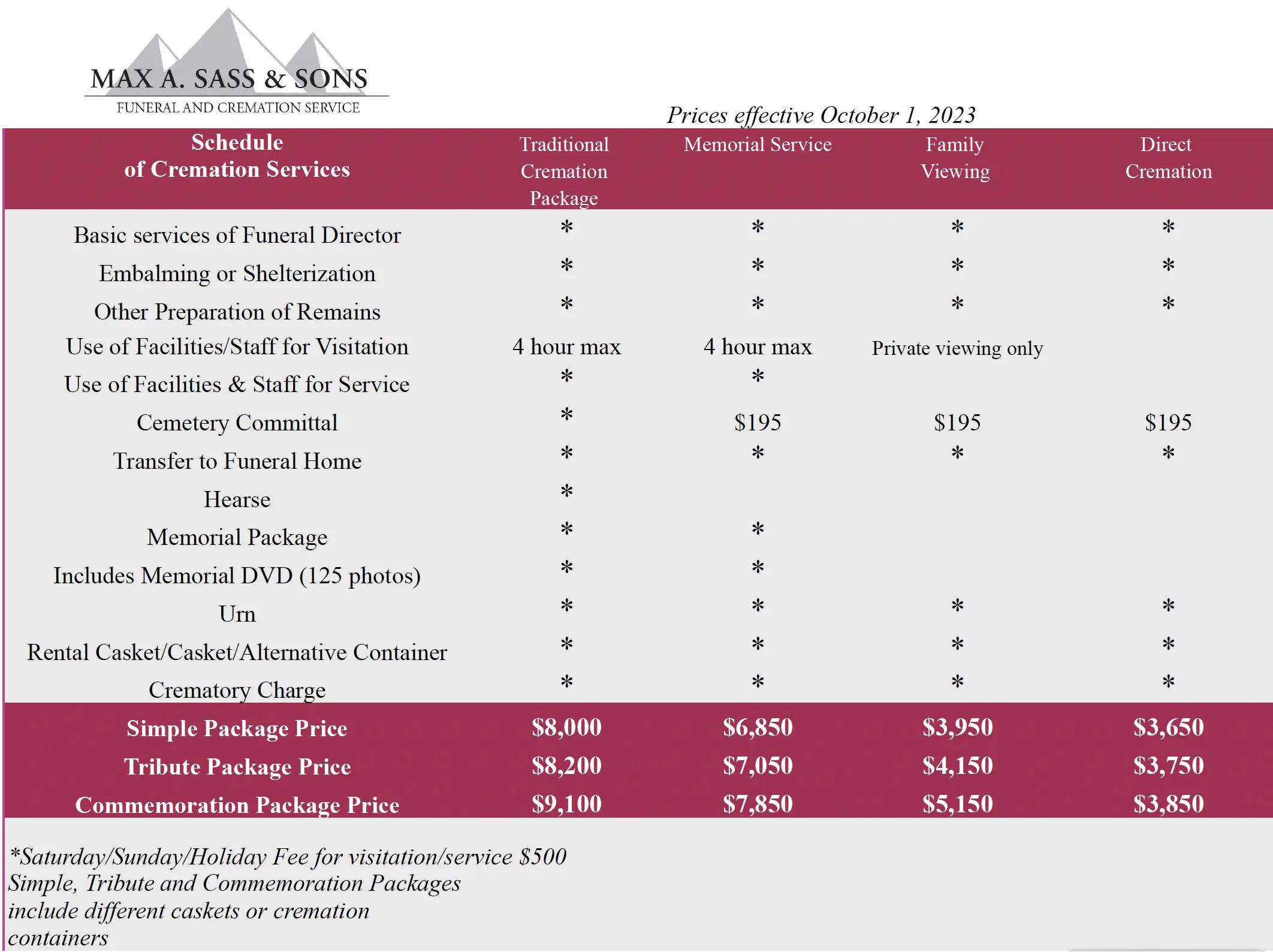 Service Pricing | Price of Cremation at Max A. Sass & Sons