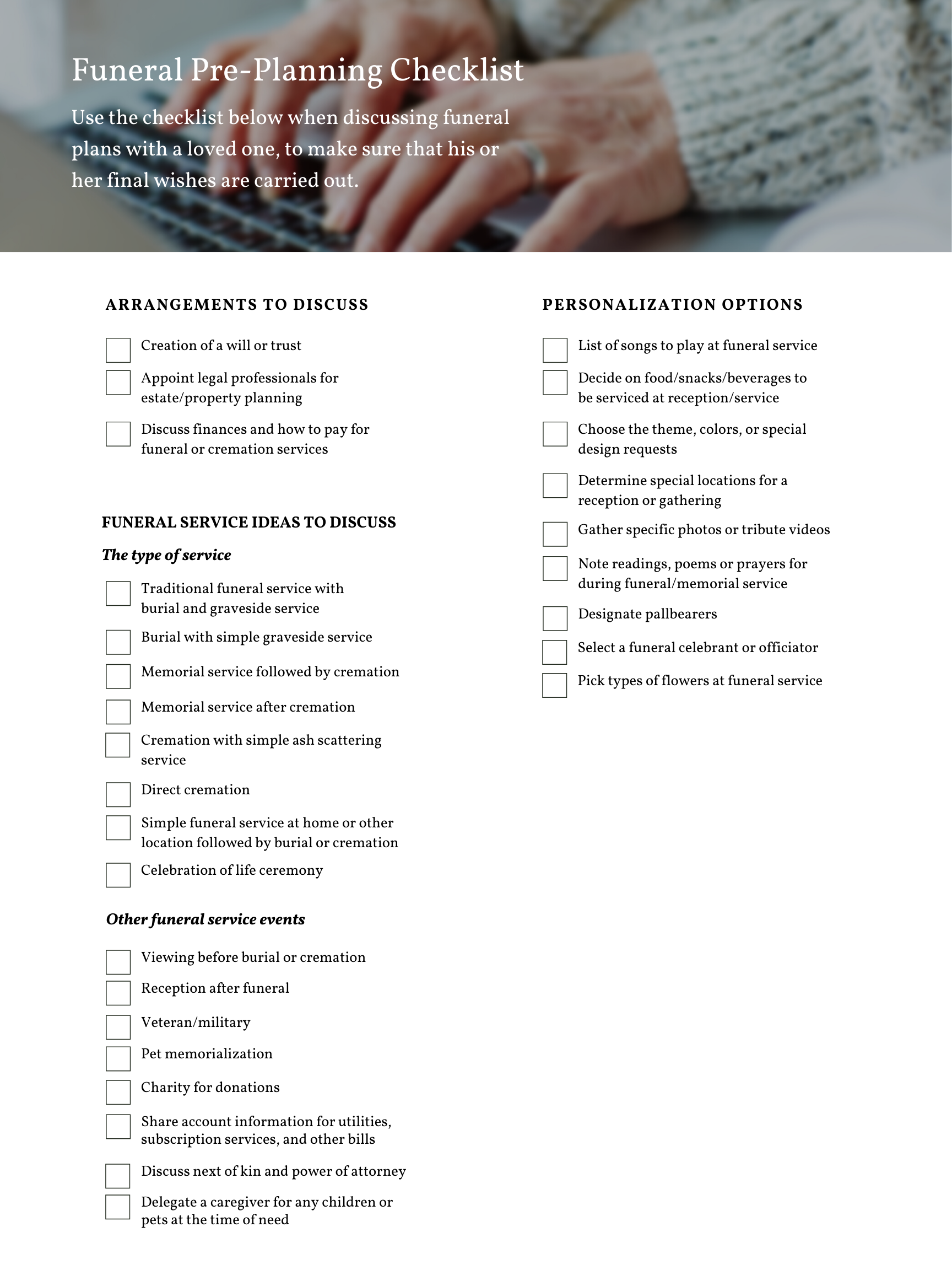 Download Our FREE & Complete Funeral Pre-Planning Checklist